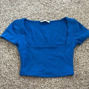 Zara Blue Fitted Crop Bodysuit Short Sleeve
